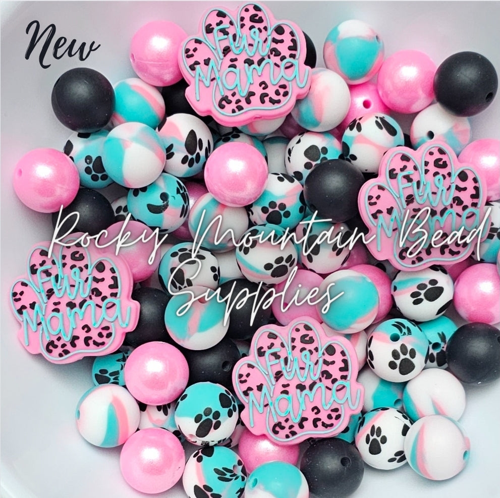 DIY Beads New fur mama pink teal mix 15mm silicone with focal beads 29 Count Includes 4 Focals