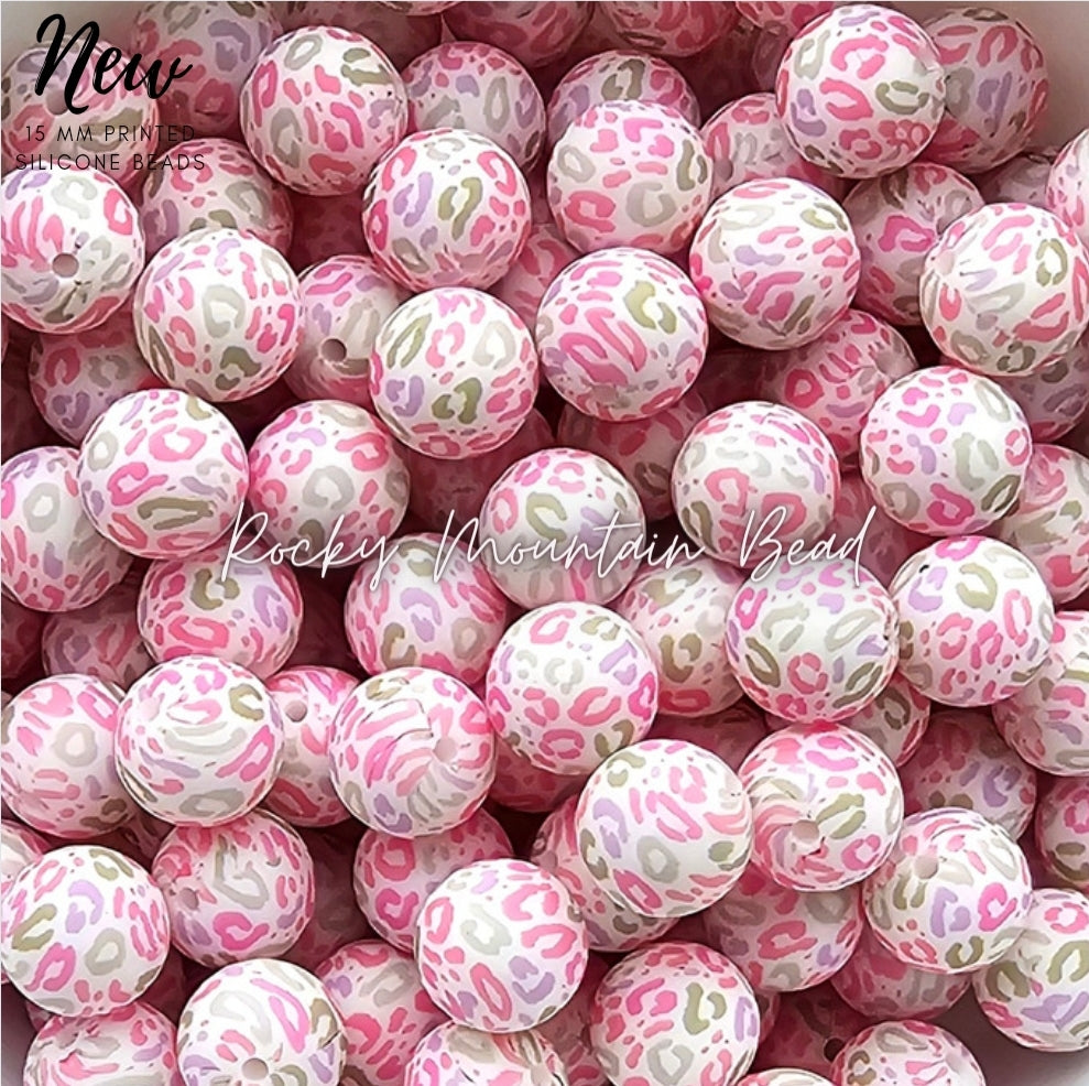New 15mm printed bright leopard silicone beads 1 count