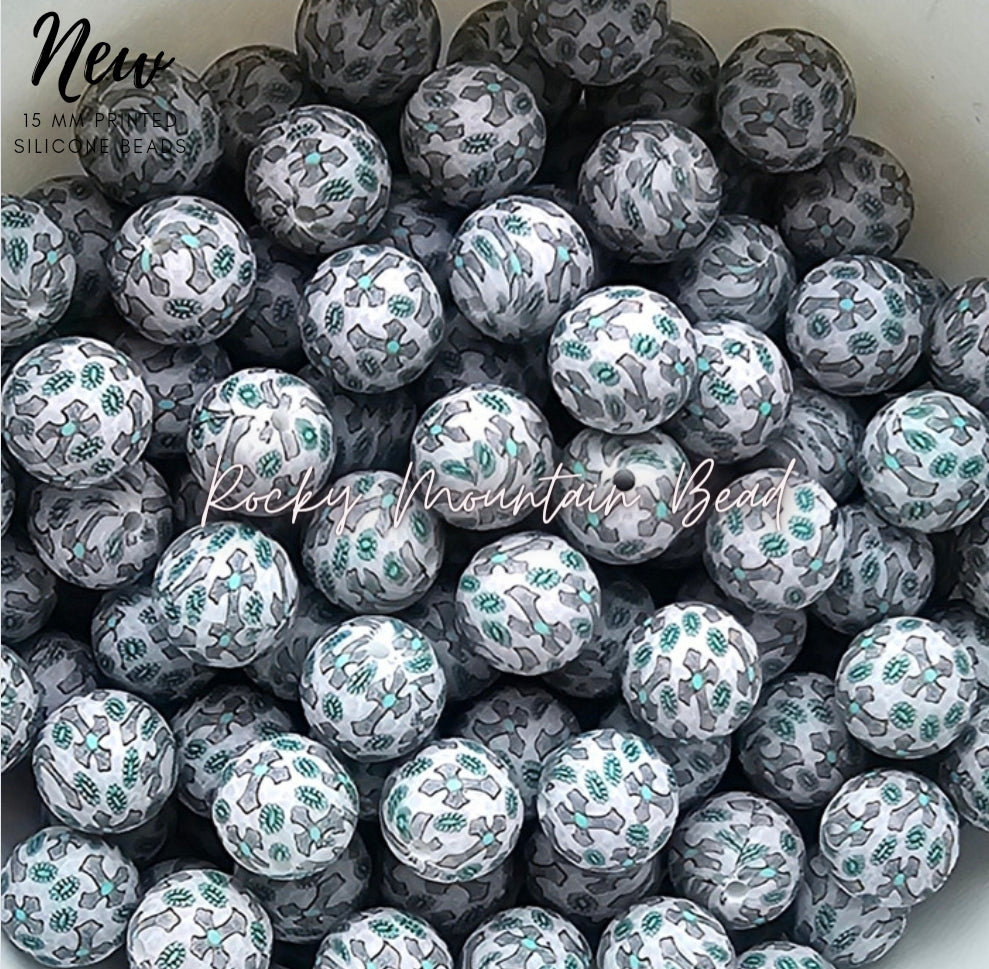New 15mm printed western cross silicone beads 1 count