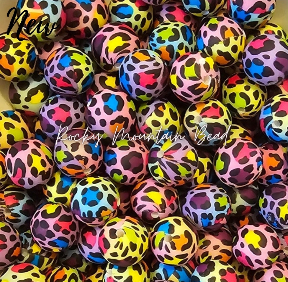 New 15mm printed bright leopard silicone beads 1 count