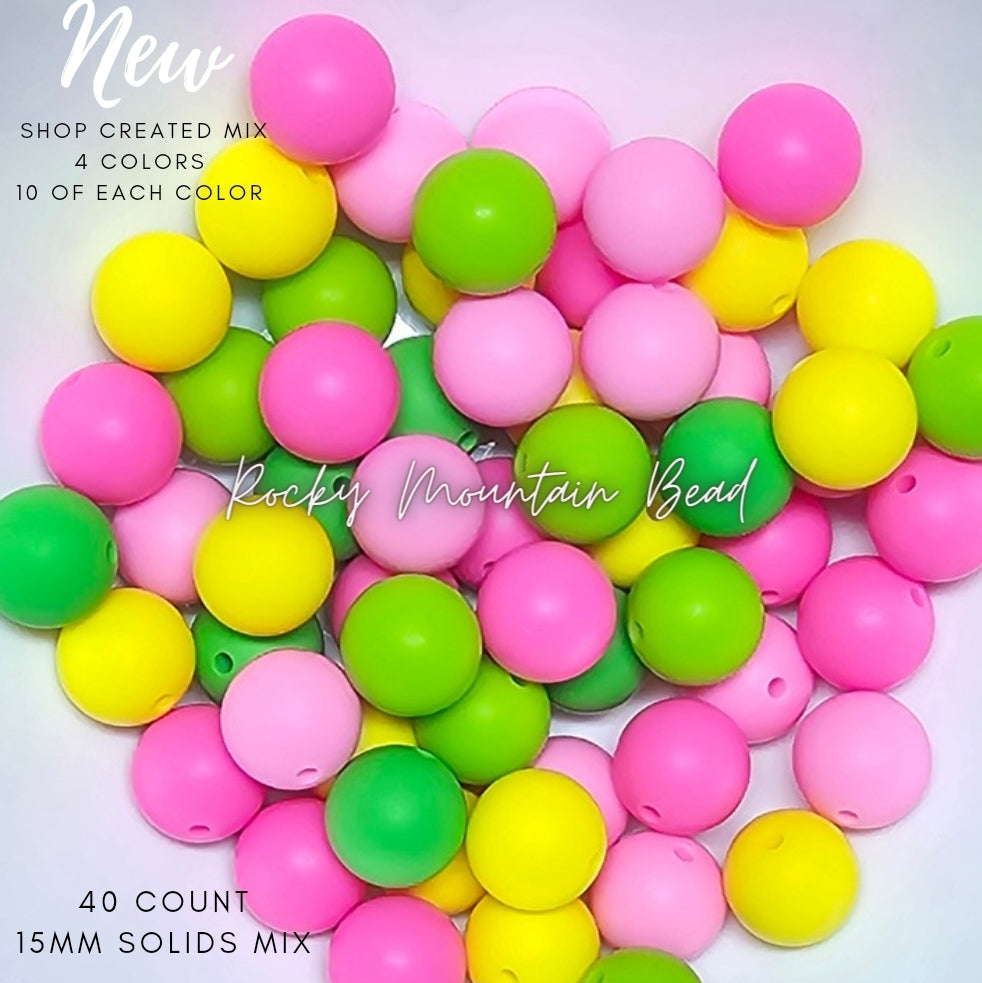 New 15 mm summer bright tones silicone solid bead mix- 40 count