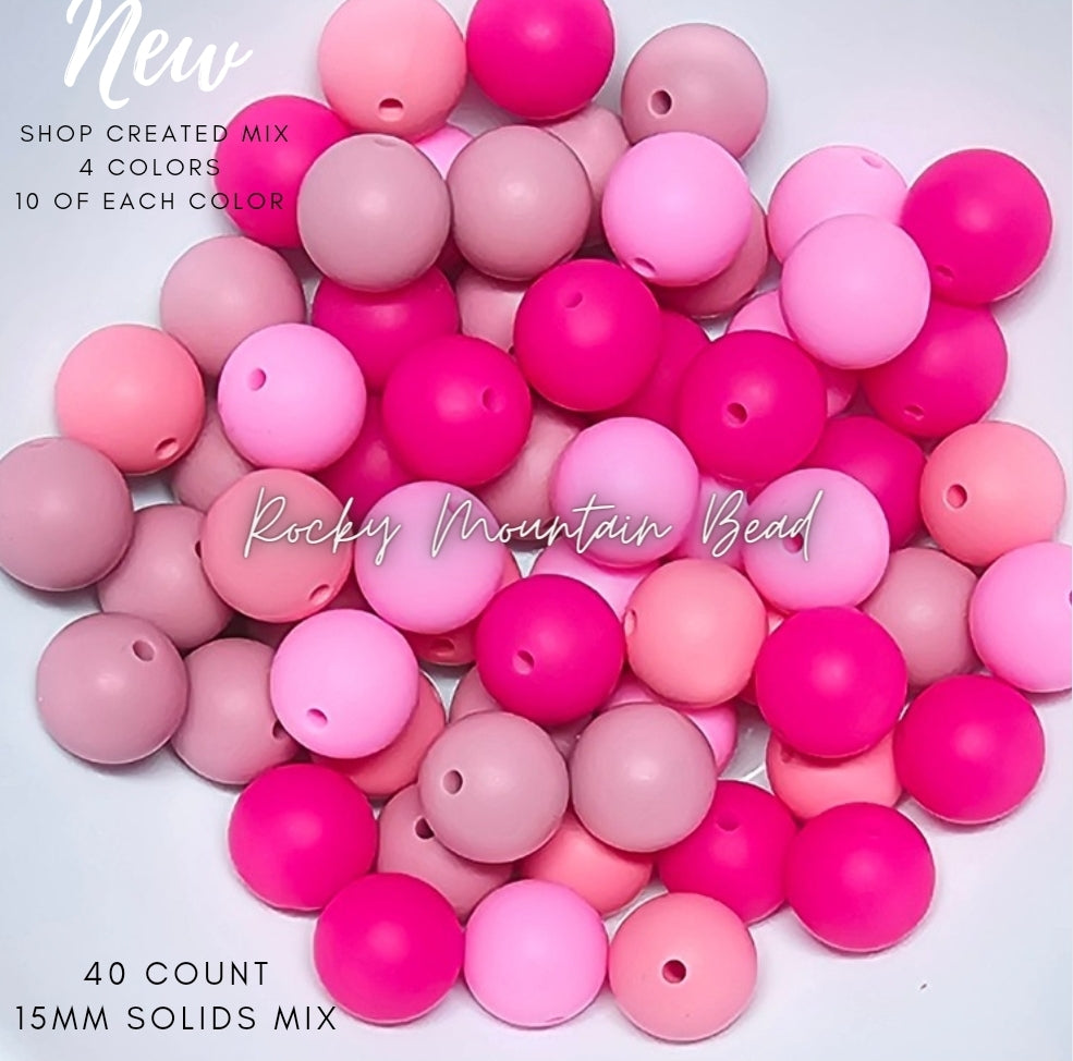New 15 mm pink tones silicone solid bead mix- 40 count