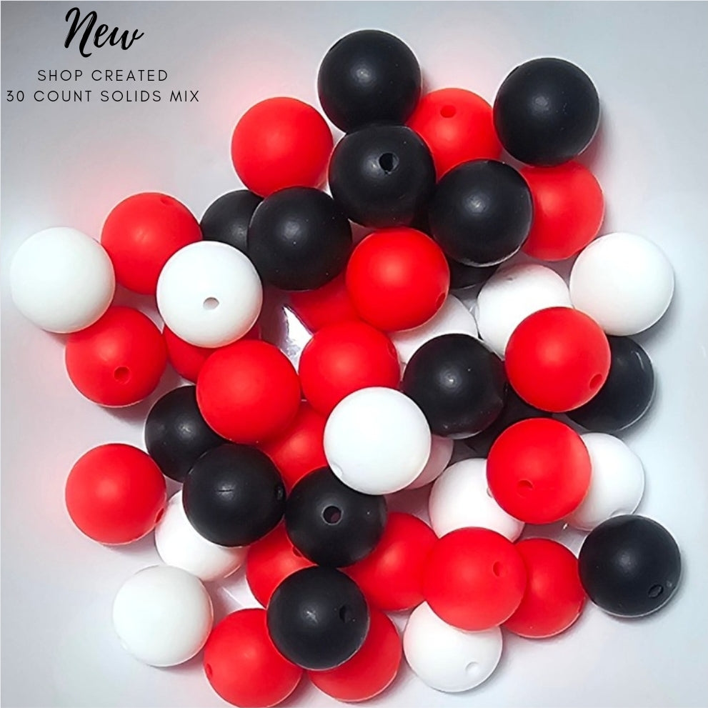 New 15 mm Red Black White tones silicone solid bead mix- 30 count
