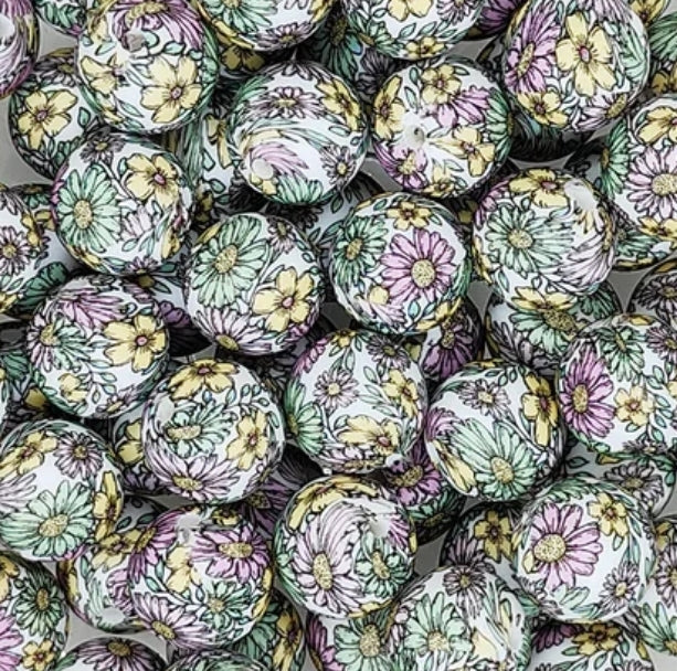 New 15mm printed flowers silicone bead 2 styles