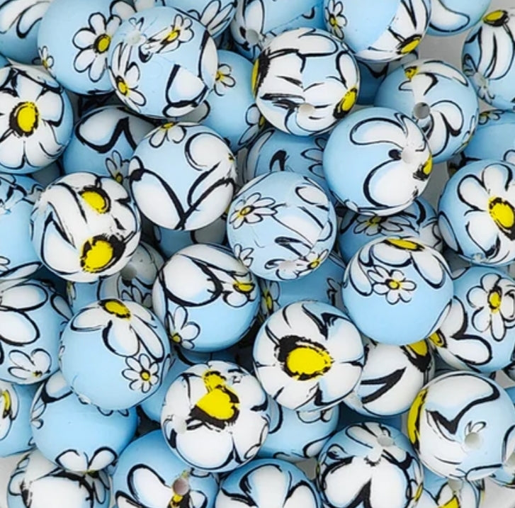 New 15mm printed flowers silicone bead 2 styles