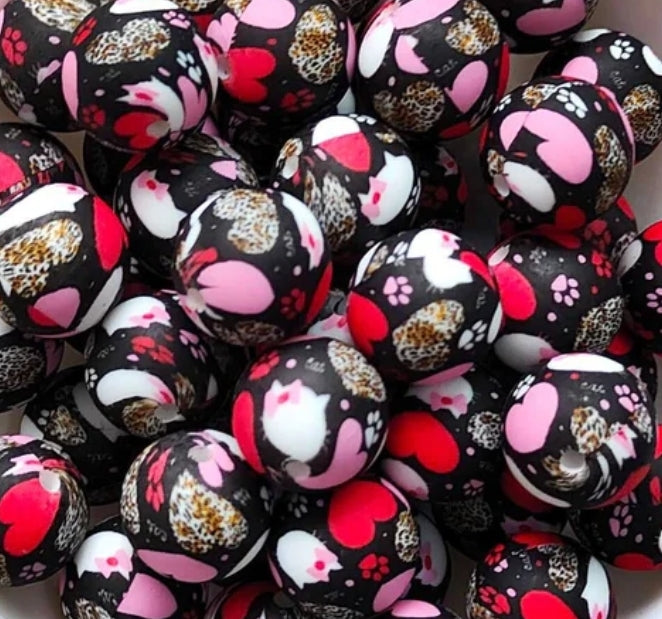 New 7 options of 15mm printed hearts silicone bead 1 count