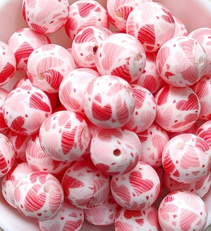New 7 options of 15mm printed hearts silicone bead 1 count