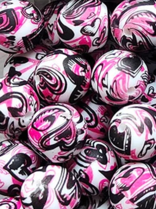 New 7 options of 15mm printed hearts silicone bead 1 count