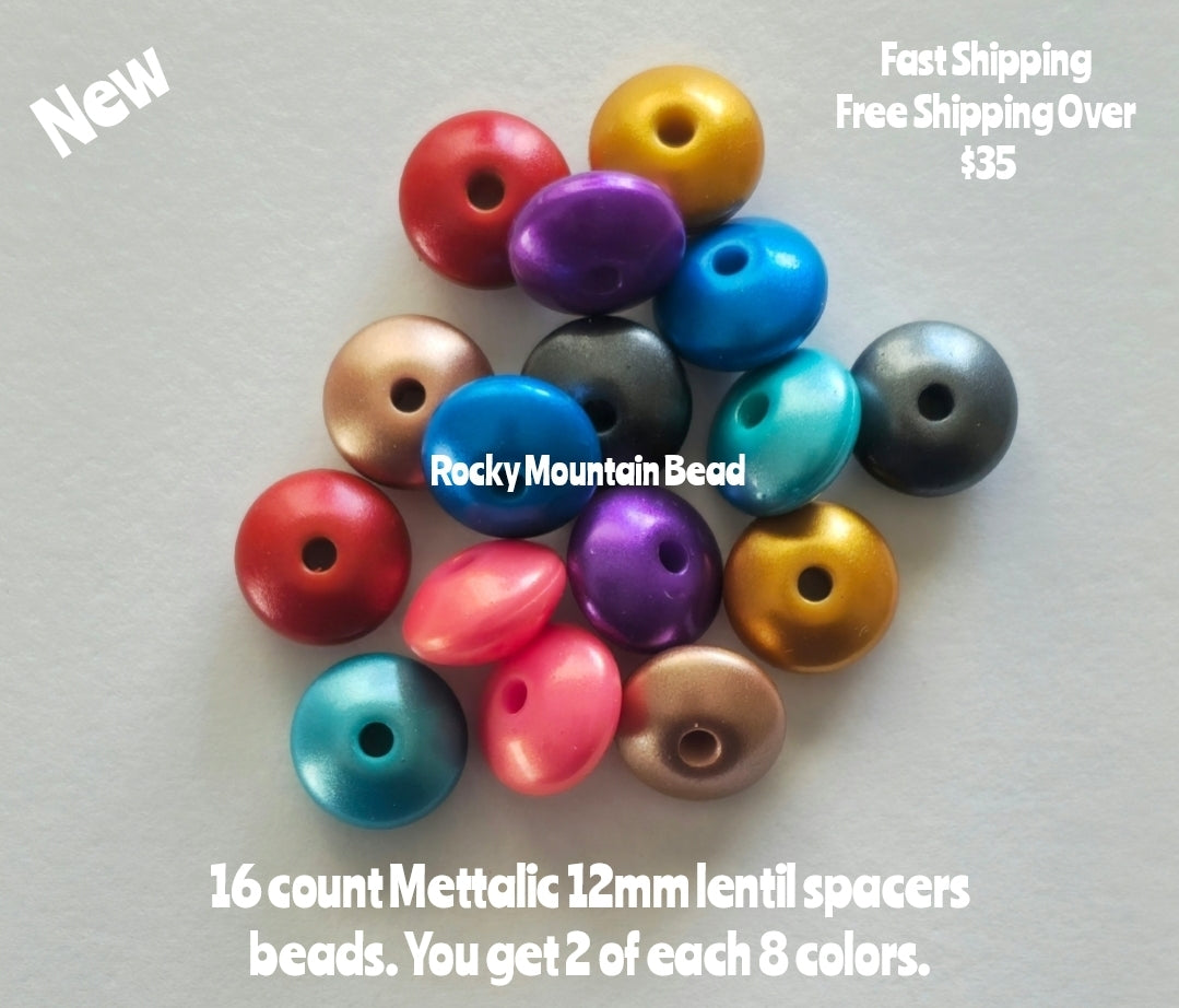 16 count silicone Mettalic spacers 12mm. These are same colors as our 15mm Mettalics we made just in lentils