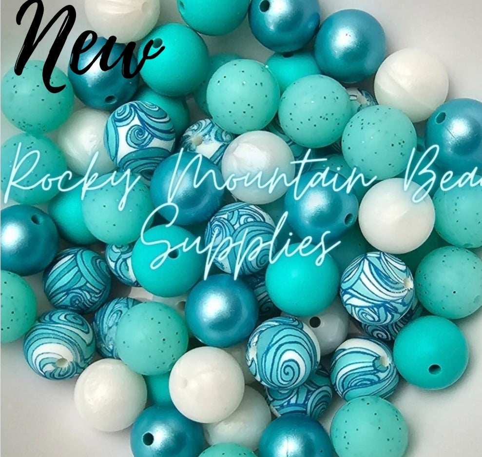 DIY Silicone Bead Mix Ocean Waves Teal 15mm silicone bead mix 25 count