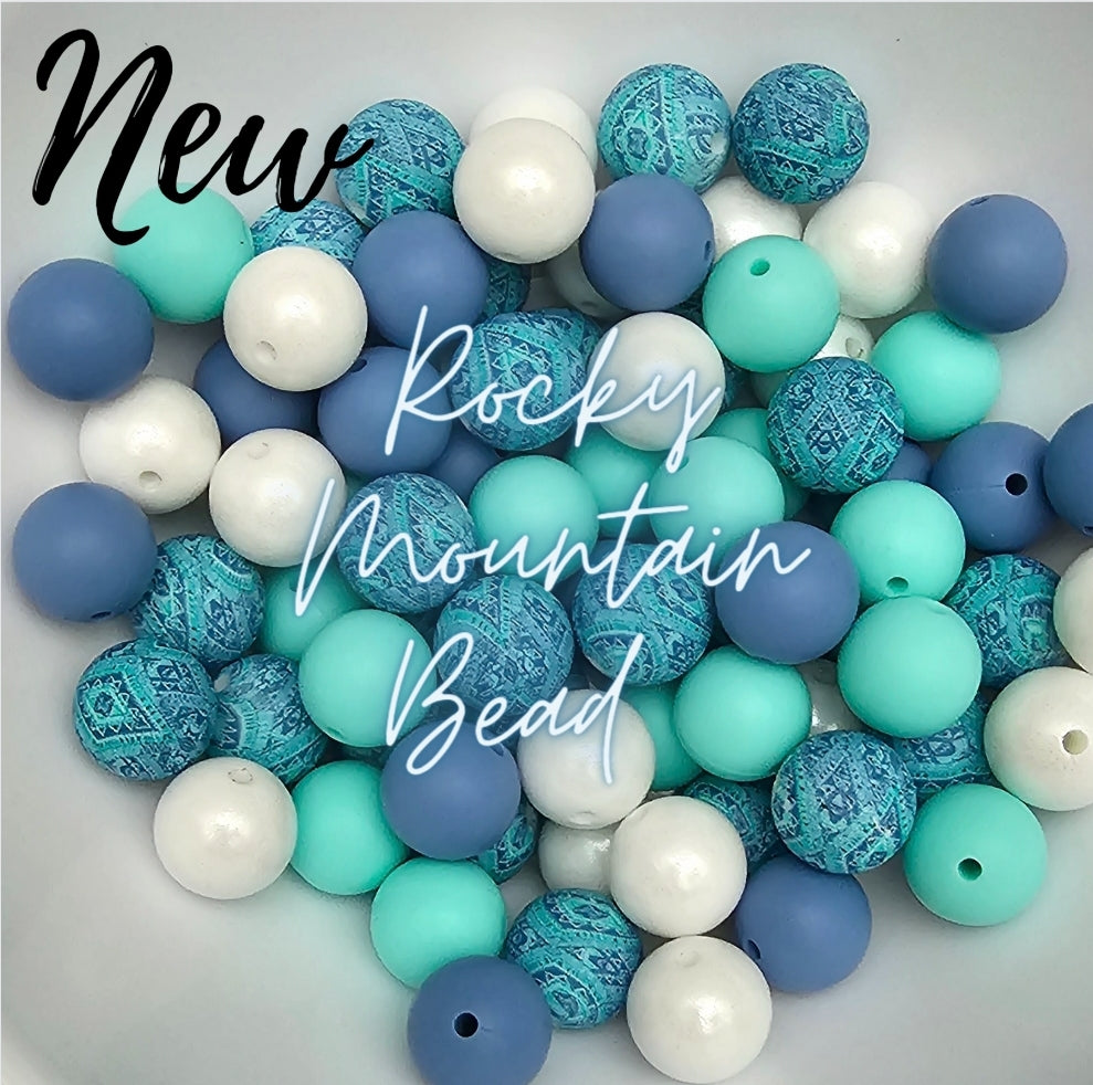 NEW custom mix 15mm silicone Mint Blue Paisley DIY BEADS MIX 25 count