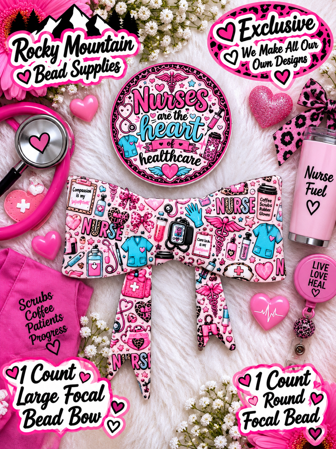 New Shop Exclusive 1 Count Large Silicone Bow NURSE 1 Count Focal Bead Round
