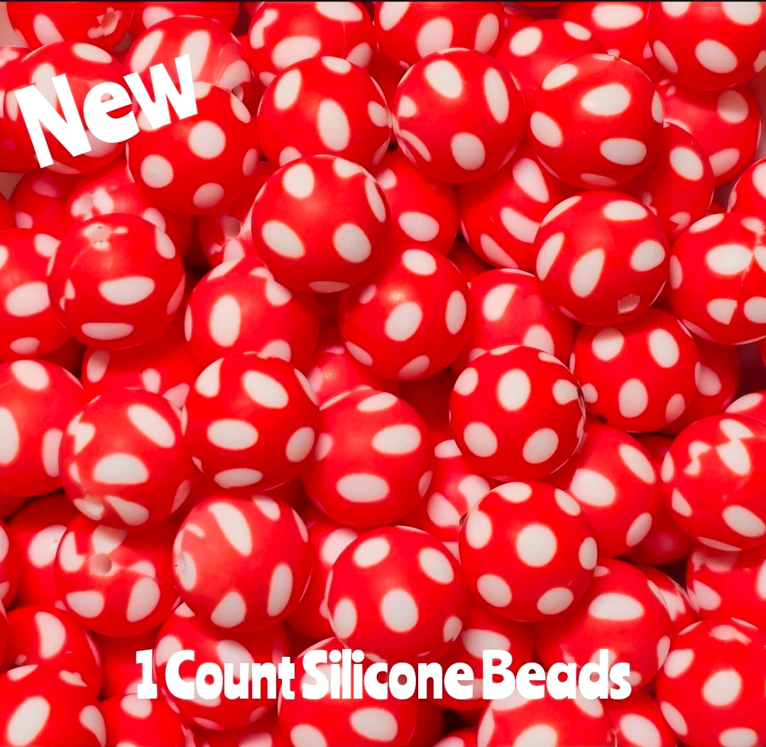 New 15mm 1 Count Red Polka Dot printed silicone bead