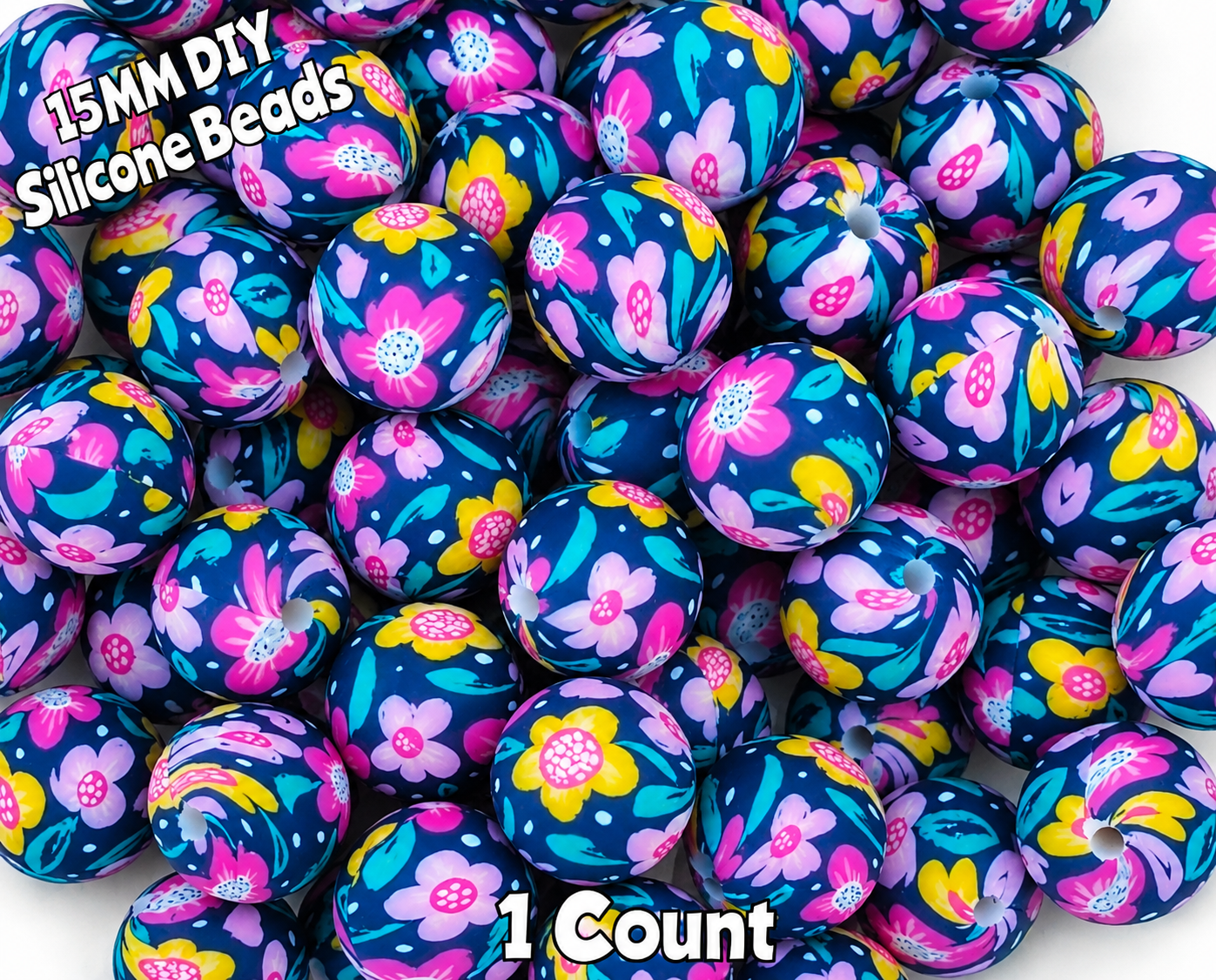 Nuevas Cuentas de Silicona Impresas de 15mm con Flores Audaces, 1 unidad