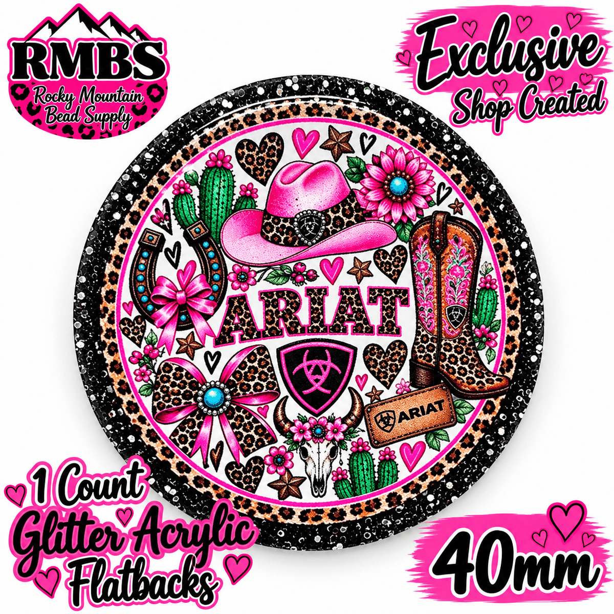 Exclusive 1 Count Custom Exclusive Glitter Acrylic Flatback 40mm ARIAT 1