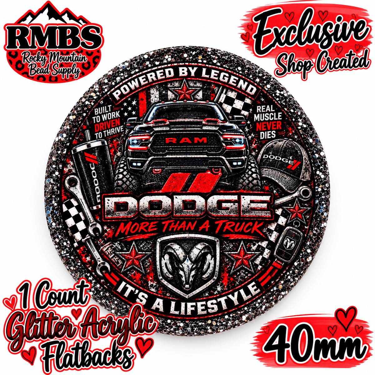 Exclusive 1 Count Custom Exclusive Glitter Acrylic Flatback 40mm DODGE RED