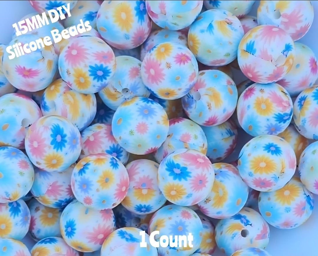 New 1 Count DIY Silicone Beads 15mm printed multi colored daisy Pinks beadable accessories