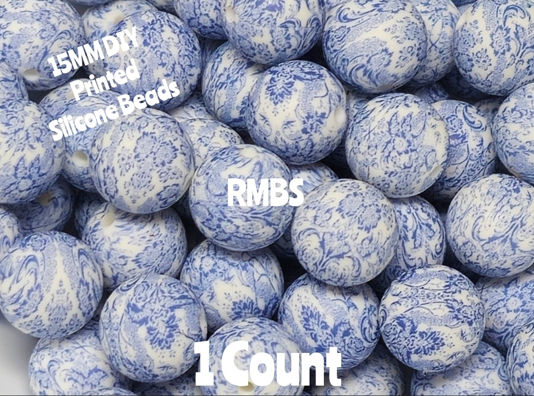 New 1 Count 15mm Printed Beads Dainty Blue Floral Elegant DIY beads Craft Supplies