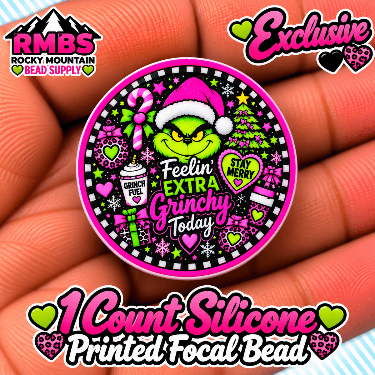 NEW Exclusive 1 count PRINTED Silicone Focal Bead NEON GRINCH