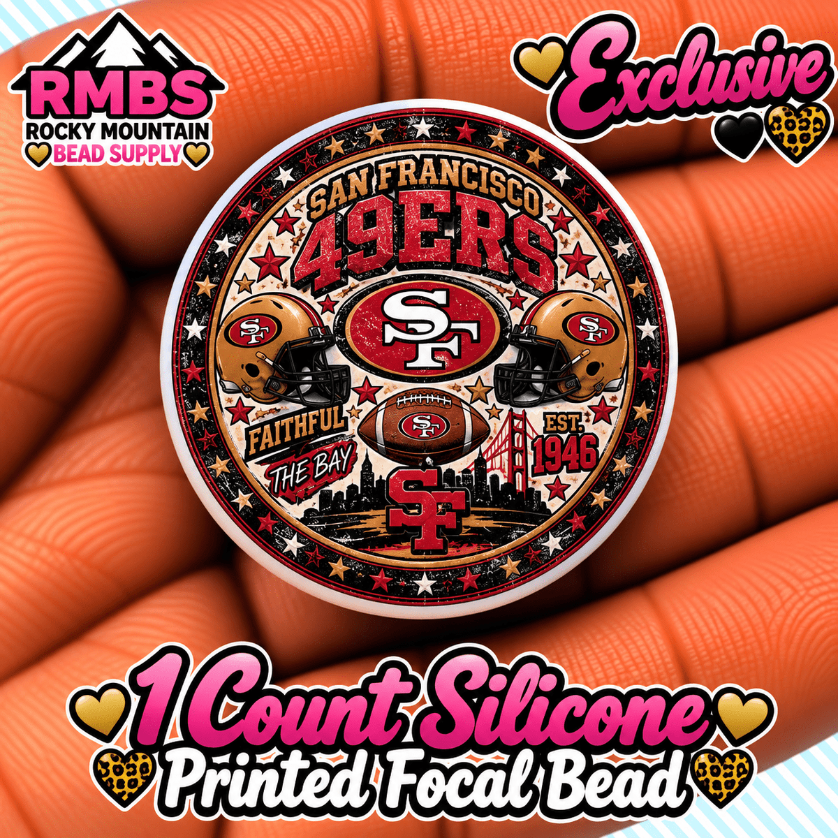 NEW Exclusive 1 count PRINTED Silicone Focal Bead FOOTBALL 49ERS