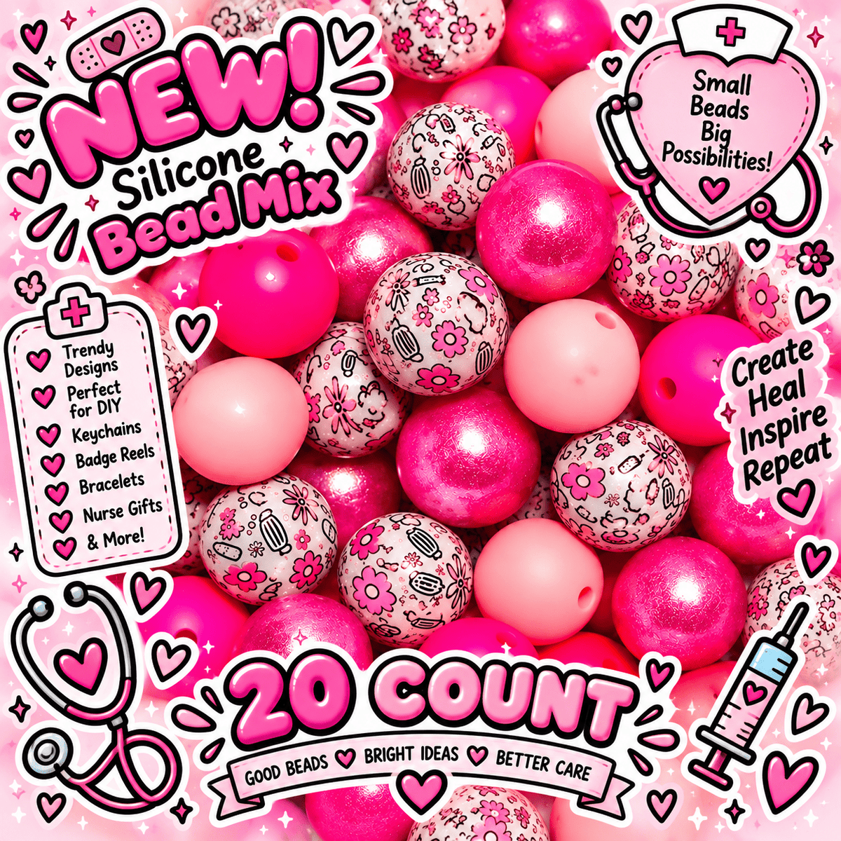 New 15mm Pink Medical Passion Floral SILICONE Bead Mix 20 count. DIY Bead Craft Supplies