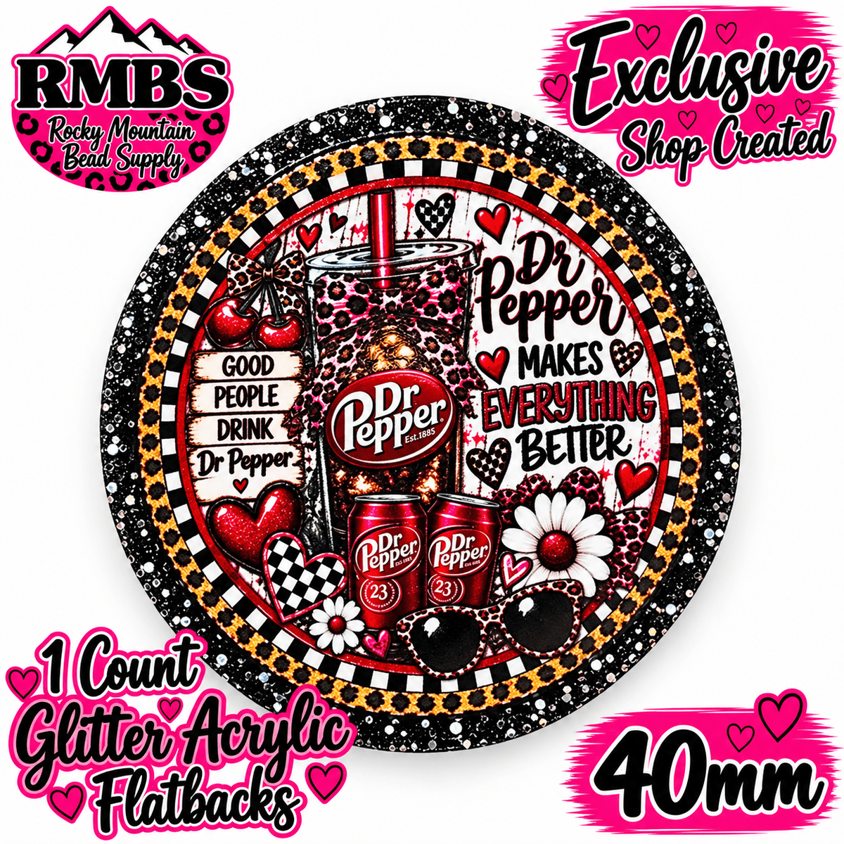 Exclusive 1 Count Custom Exclusive Glitter Acrylic Flatback 40mm DR PEPPER