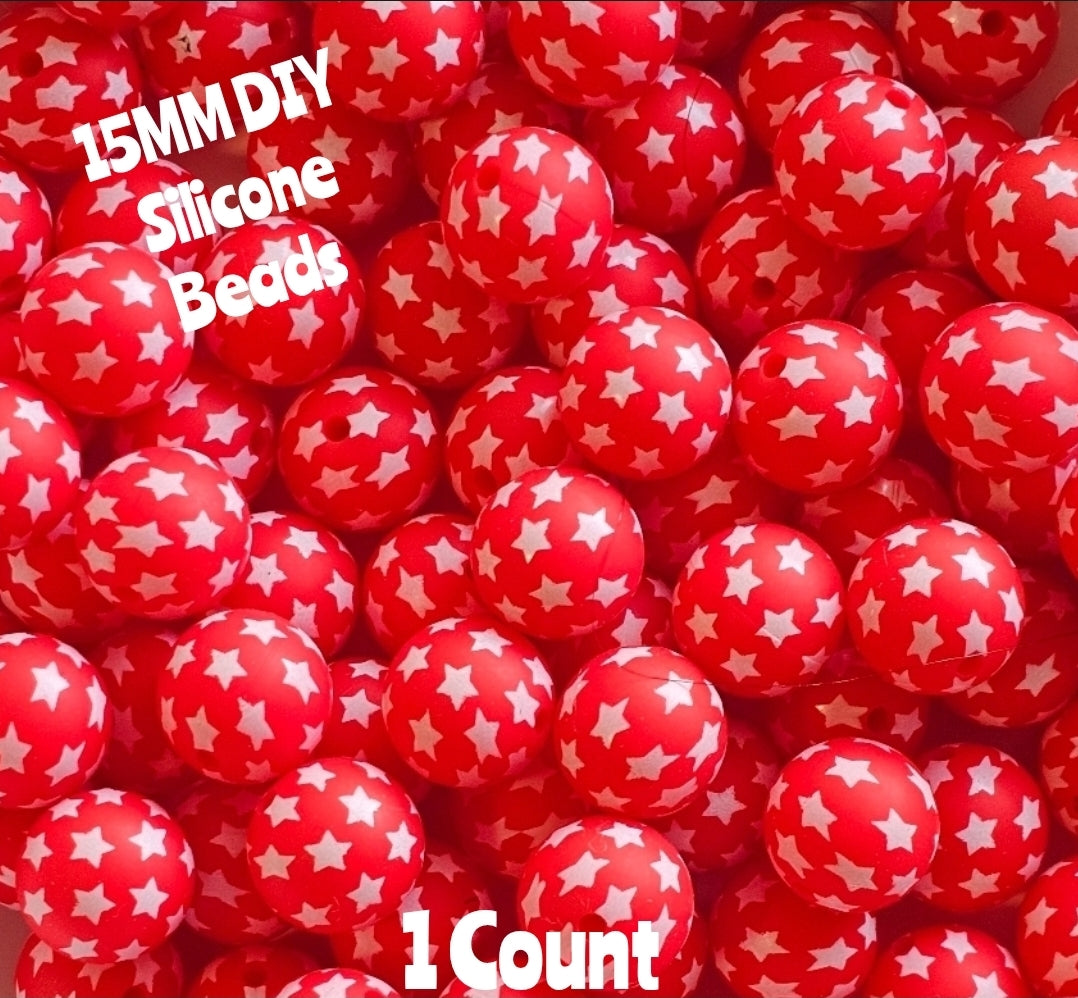 New 1 Count DIY Silicone Beads 15mm printed Red Stars Beads Beadable Accessories
