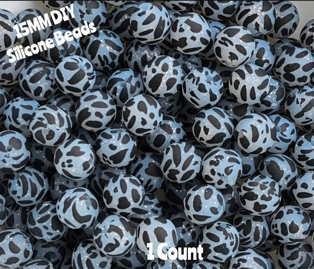 New 15mm 1 Count Glitter Cow Clear Country printed silicone bead