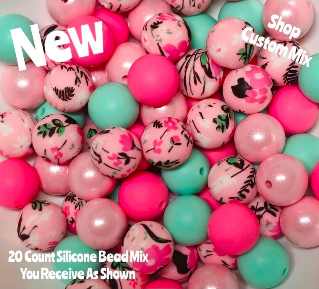 New 15mm Cherry Wood Floral SILICONE Bead Mix 20 count. DIY Bead Craft Supplies