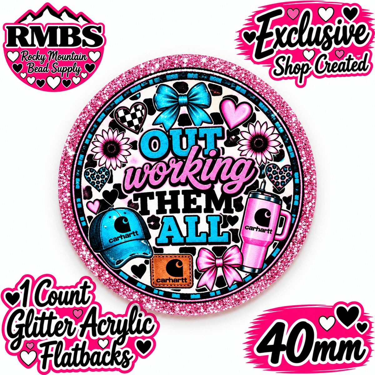 Exclusive 1 Count Custom Exclusive Glitter Acrylic Flatback 40mm CARHARRT OUT WORKING THEM ALL