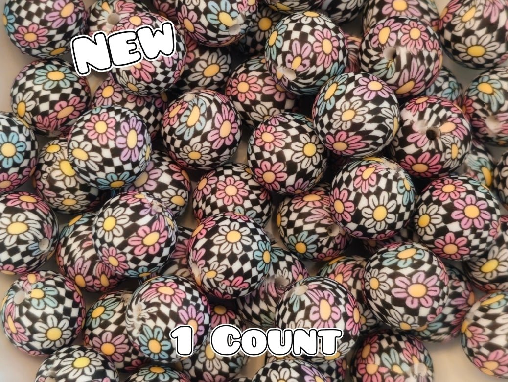 New 1 Count DIY Silicone Beads 15mm printed Floral Checkered