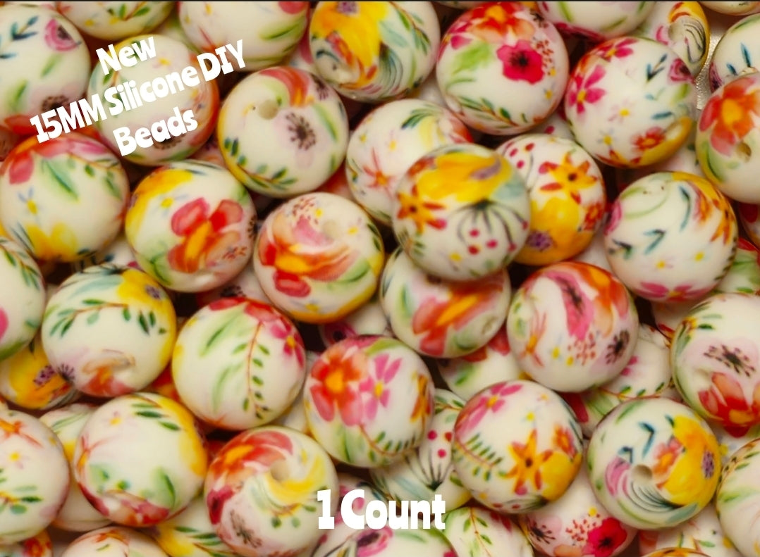 New 1 Count DIY Silicone Beads 15mm printed flowers floral beadable accessories