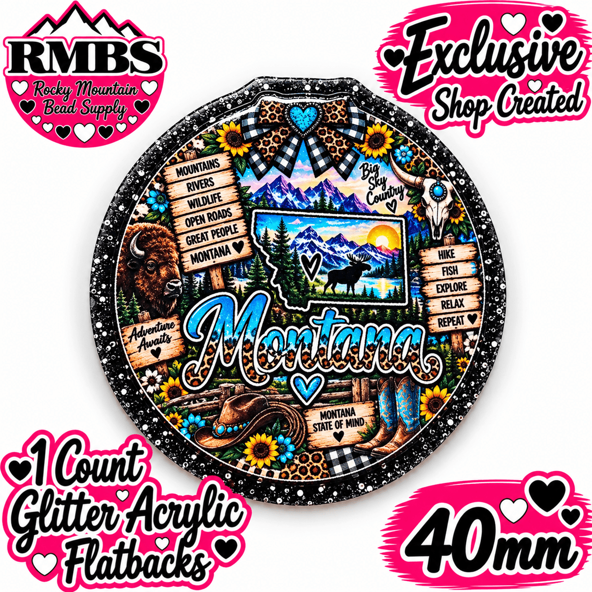 Exclusive 1 Count Custom Exclusive Glitter Acrylic Flatback 40mm STATE MONTANA