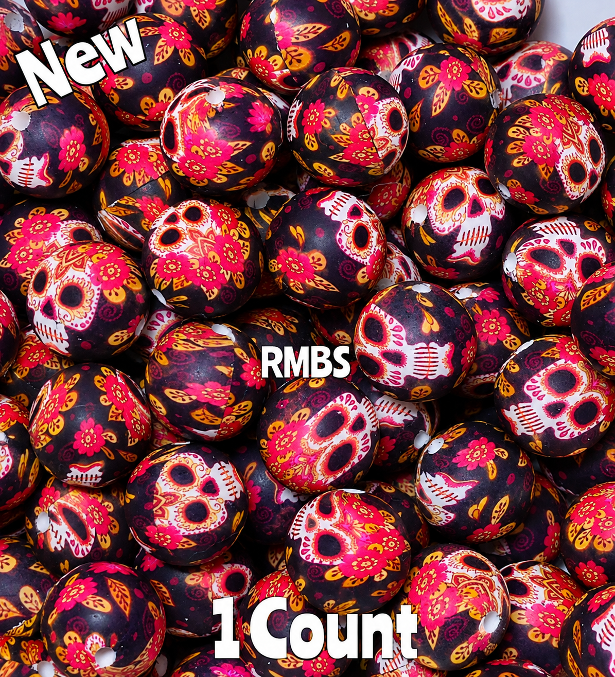New 1 Count 15mm Printed Beads Halloween Sugar Skulls FLORAL RED Beads Craft Supplies