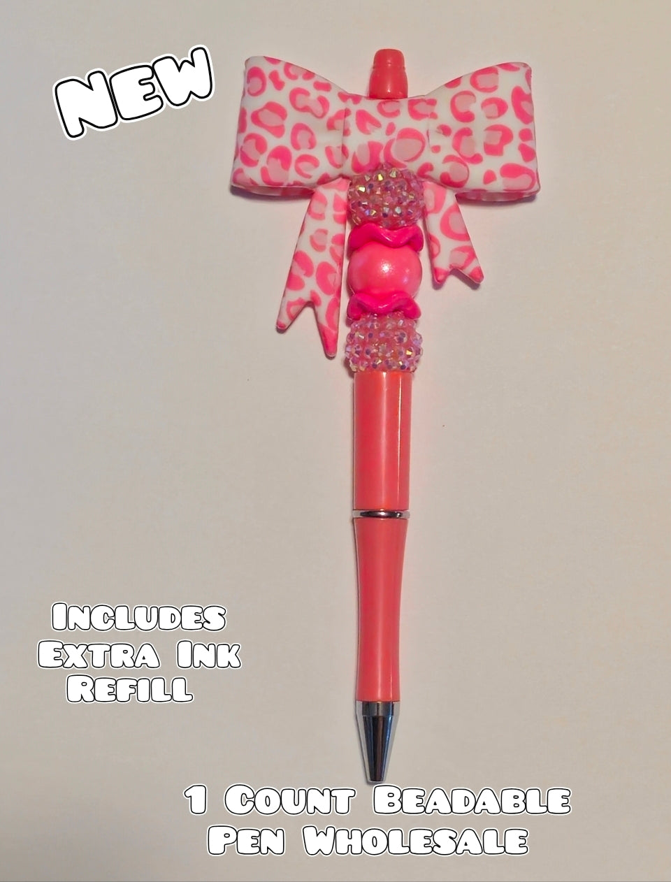 Wholesale Beadable Pens 1 Count Big Bow Pink Leopard Style Completed Pen
