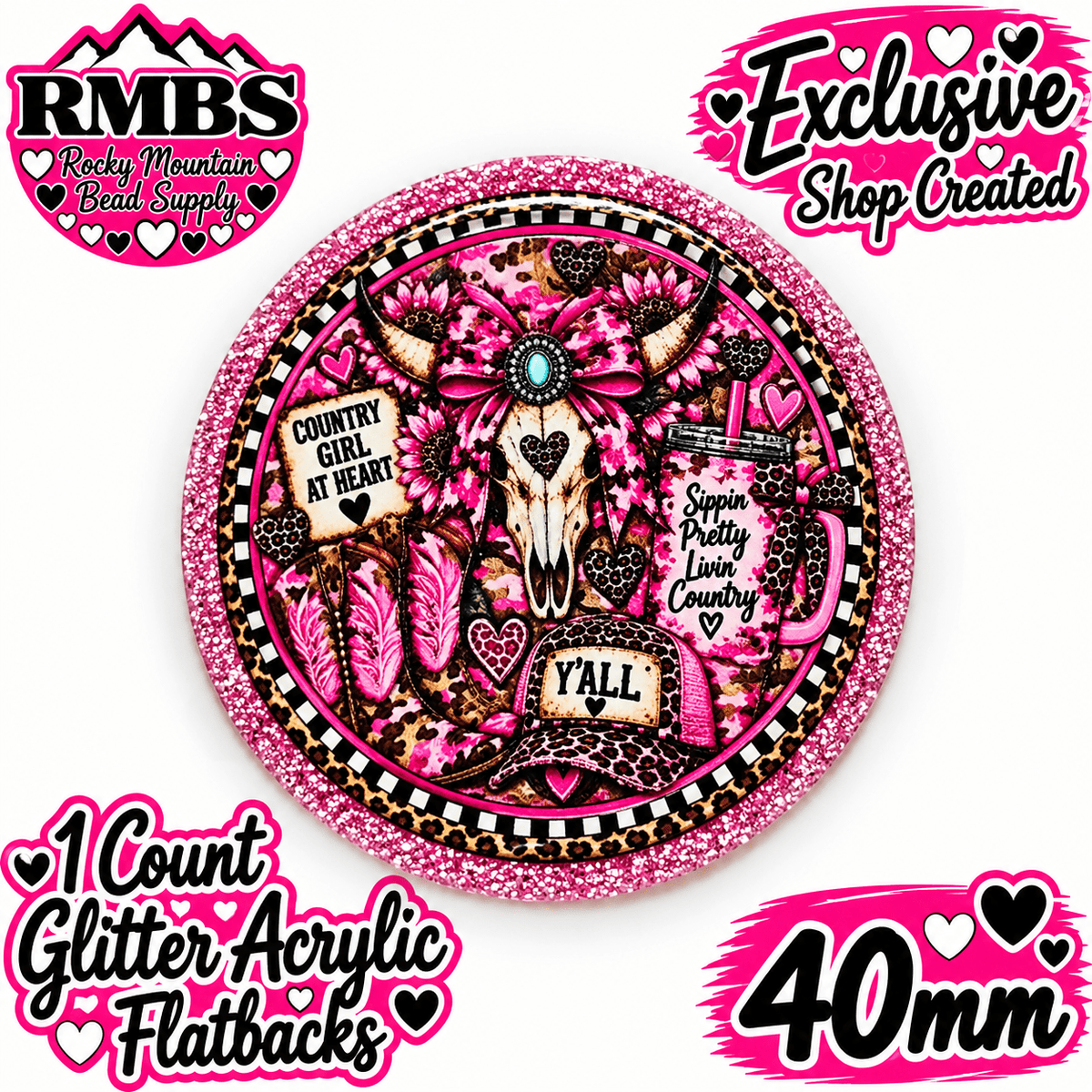 Exclusive 1 Count Custom Exclusive Glitter Acrylic Flatback 40mm SKULL COUNTRY GIRL AT HEART