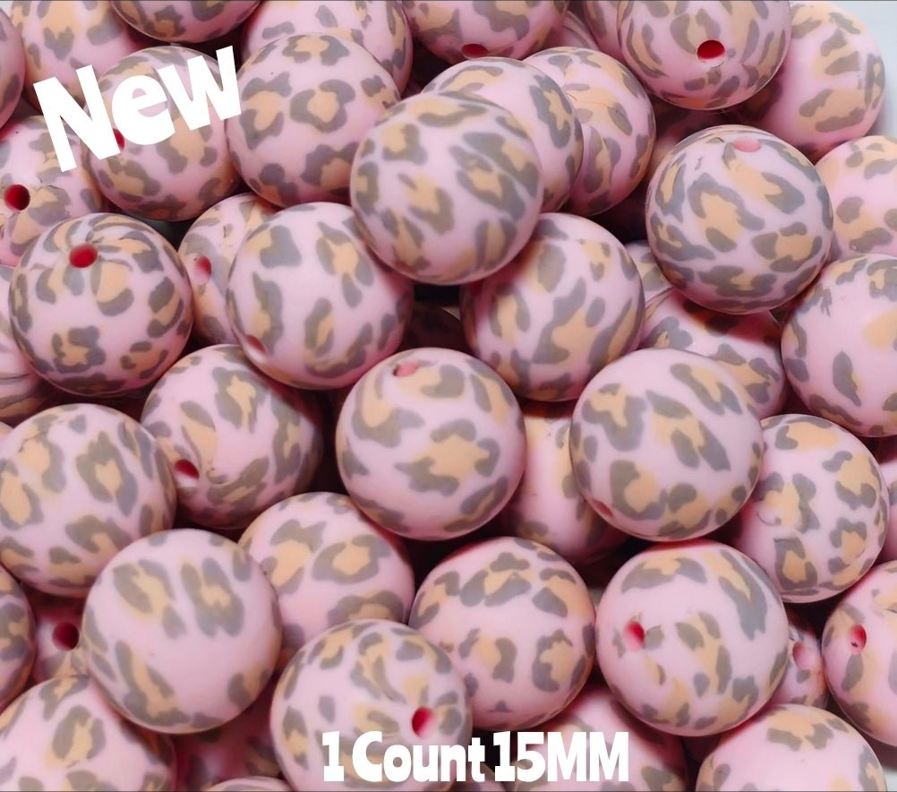 New 1 Count Leopard Pink Peach Grey Prints 15mm printed Silicone Beads