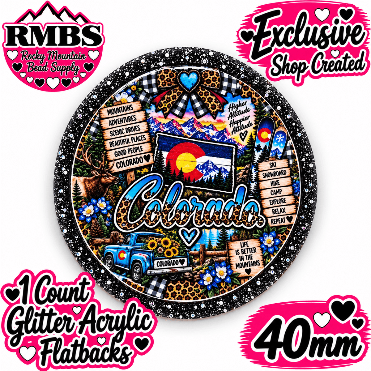 Exclusive 1 Count Custom Exclusive Glitter Acrylic Flatback 40mm STATE COLORADO
