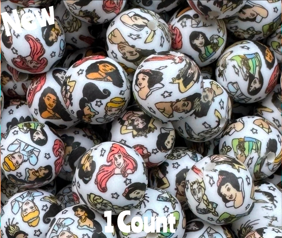 New 15mm 1 Count Princess printed silicone bead