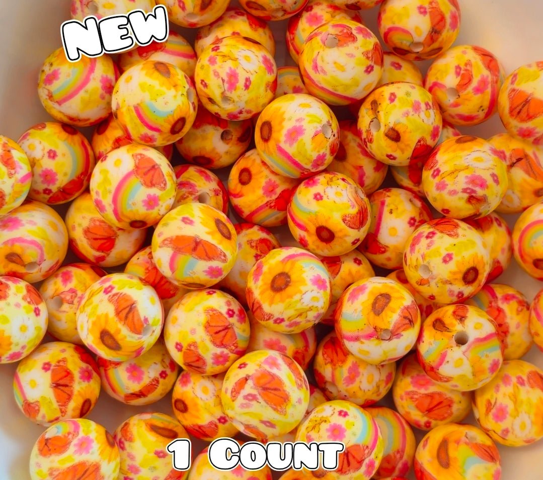 New 1 Count DIY Silicone Beads 15mm printed Butterfly Sunflower Rainbows