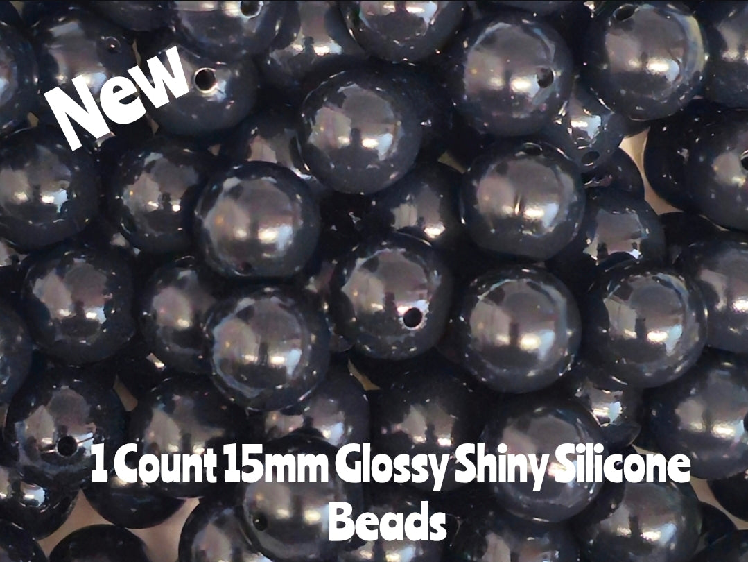 15mm DIY Silicone Beads Glossy Shiny Solids 1 Count Black