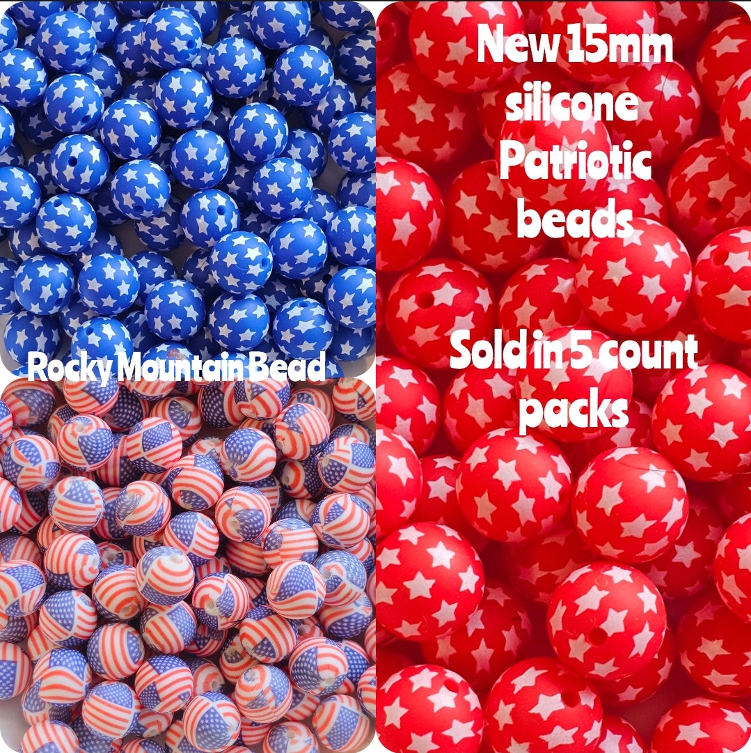 New 2025-- 15mm printed Patriotic beads 5 count