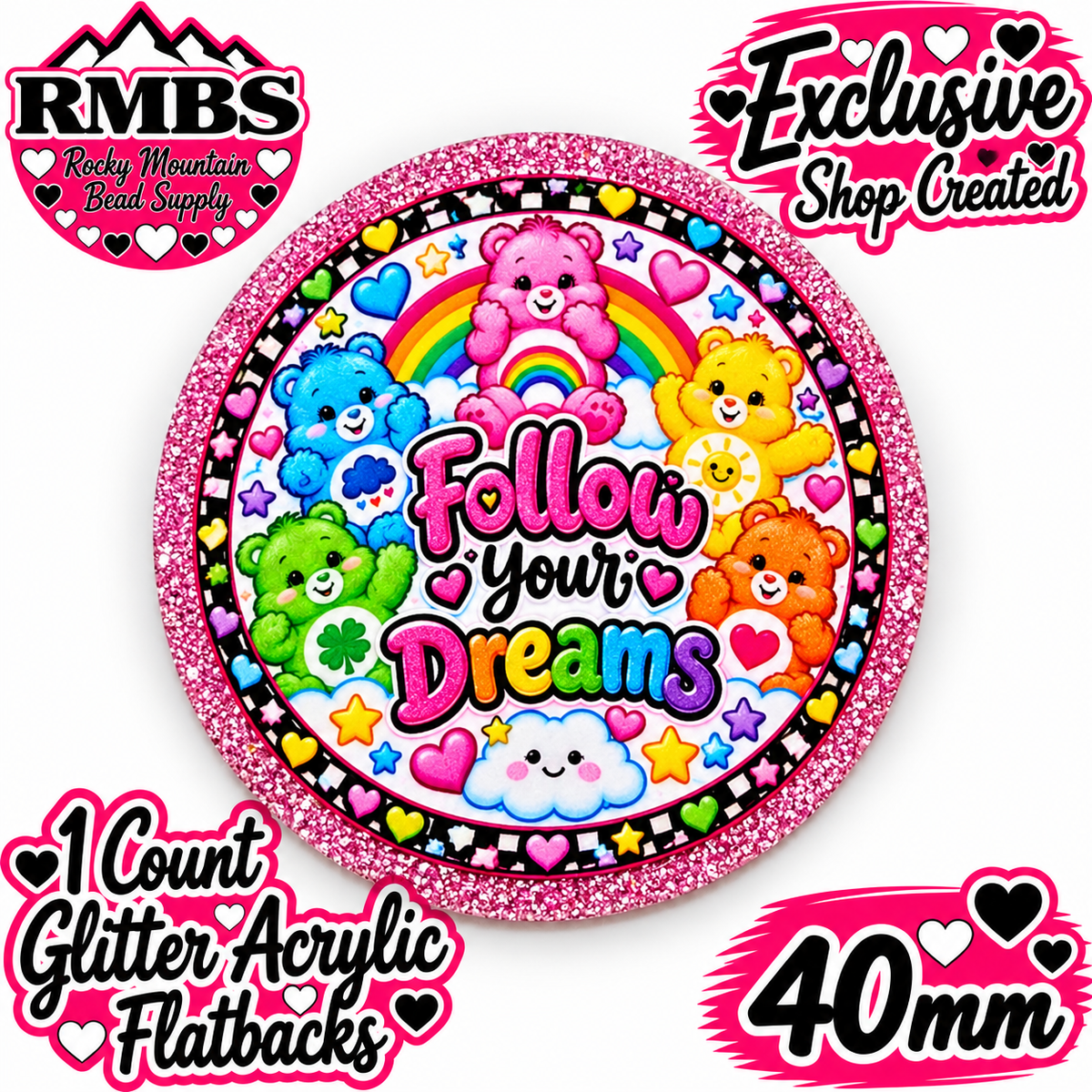 Exclusive 1 Count Custom Exclusive Glitter Acrylic Flatback 40mm CARE BEARS FOLLOW YOUR DREAMS