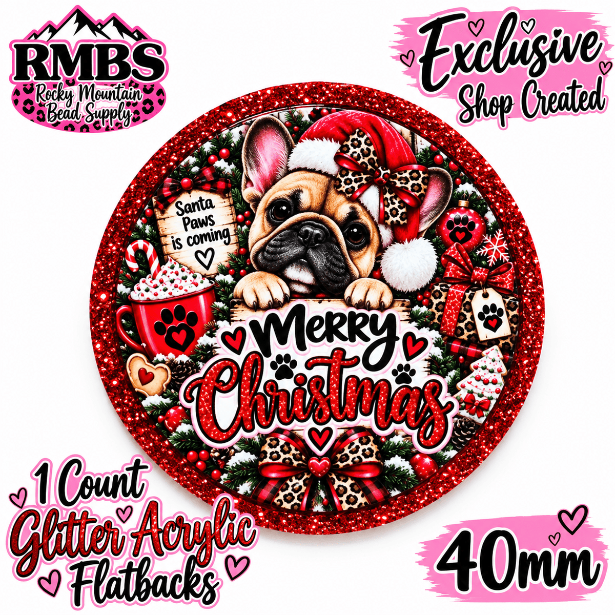 Exclusive 1 Count Custom Exclusive Glitter Acrylic Flatback 40mm MERRY CHRISTMAS DOG