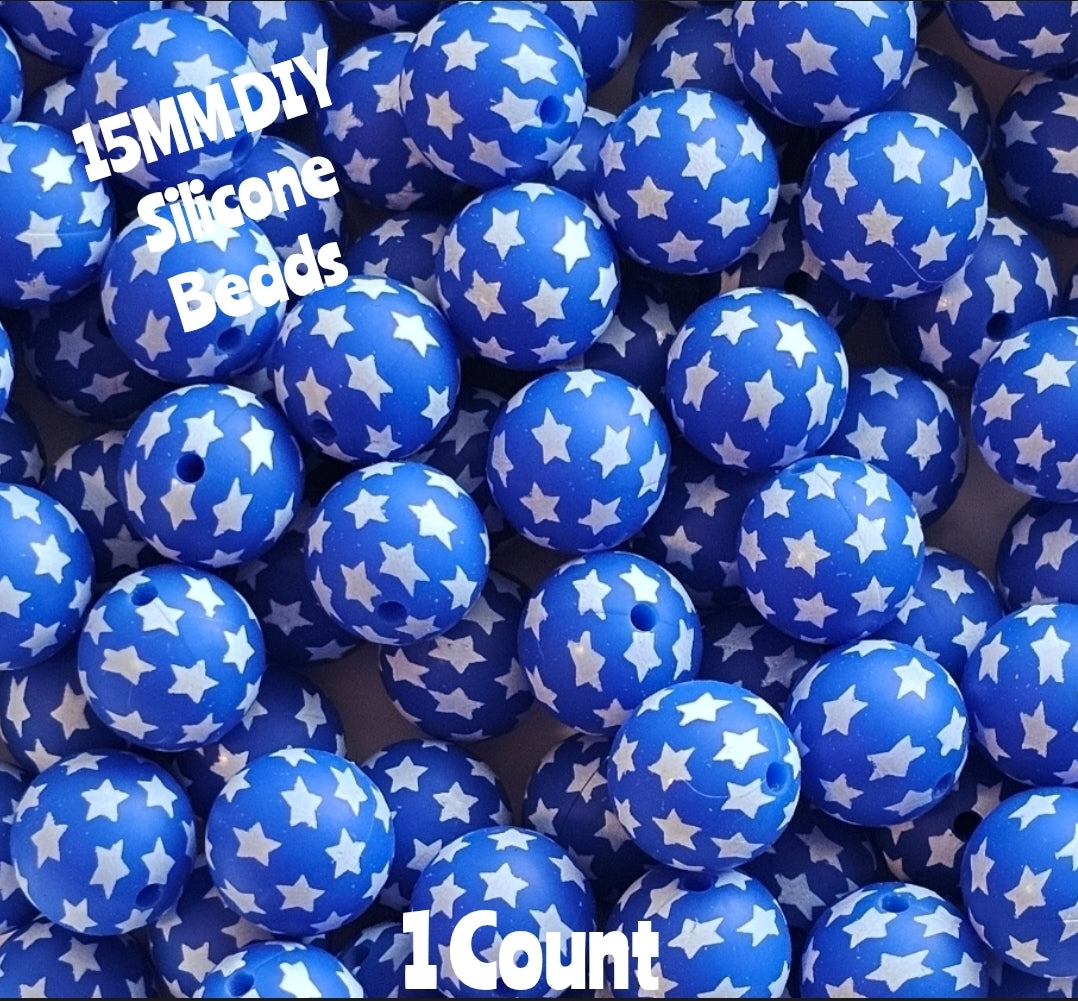 New 1 Count DIY Silicone Beads 15mm printed Blue Stars Beads Beadable Accessories