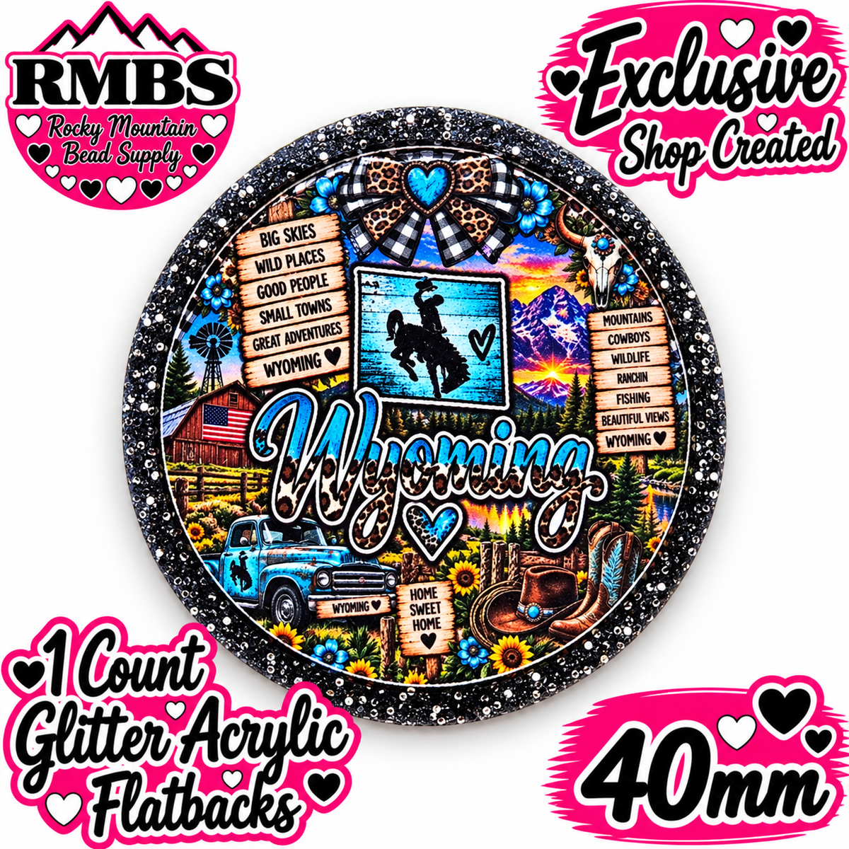 Exclusive 1 Count Custom Exclusive Glitter Acrylic Flatback 40mm STATE WYOMING