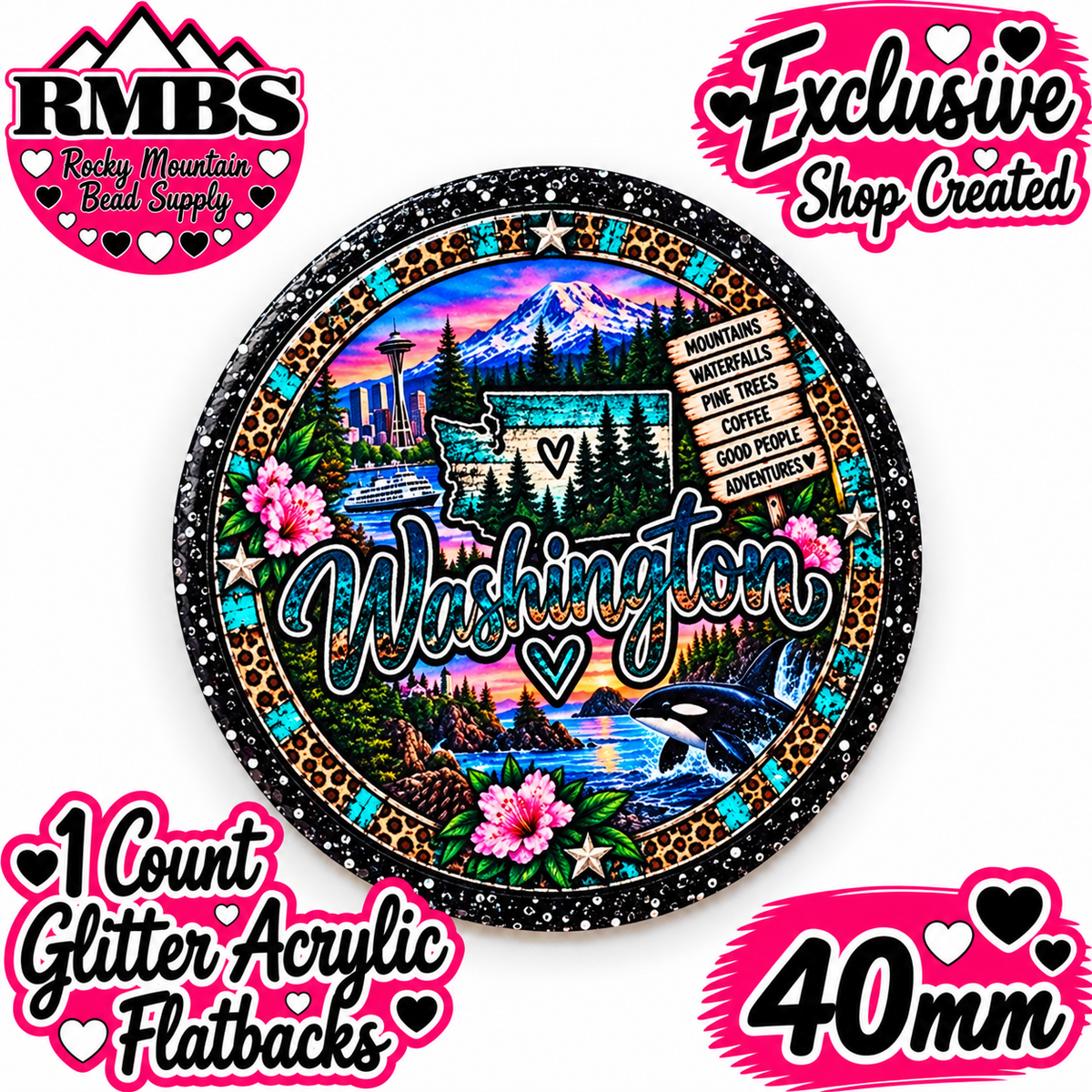Exclusive 1 Count Custom Exclusive Glitter Acrylic Flatback 40mm STATE WASHINGTON