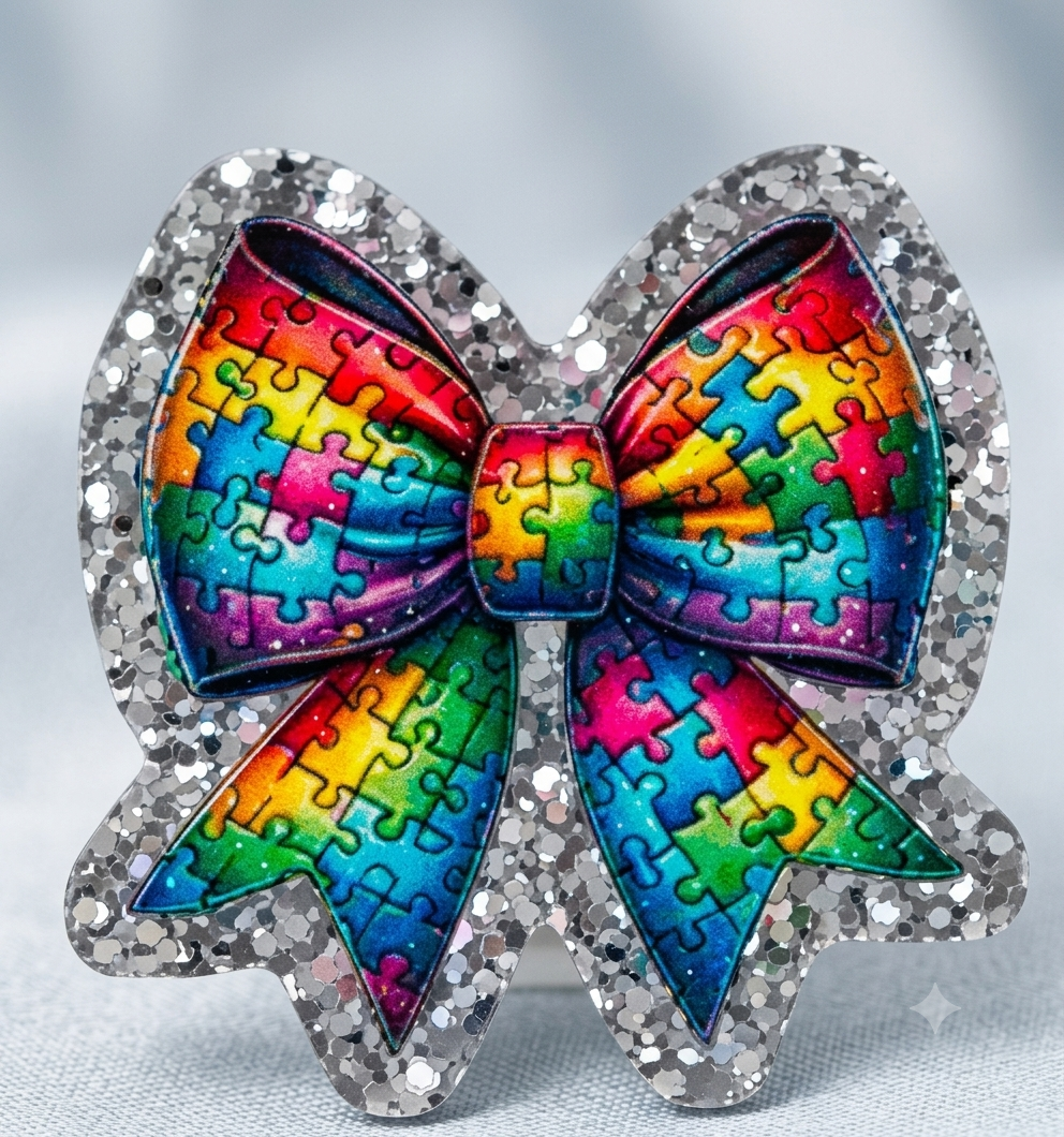 Glitter Acrylic Flatback- Acrylic Planer Resin Charm Autism Bow 40mm x 40mm