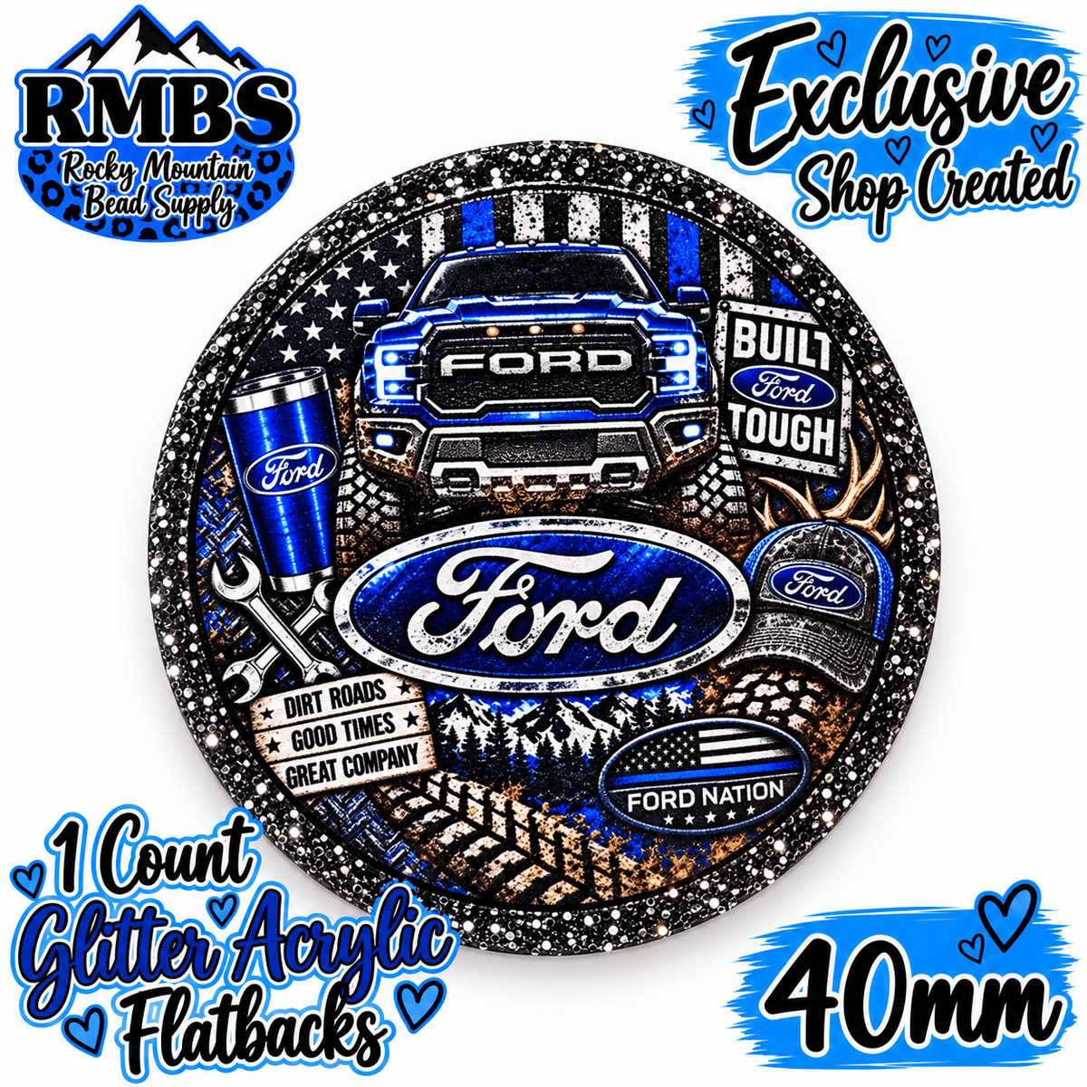 Exclusive 1 Count Custom Exclusive Glitter Acrylic Flatback 40mm FORD BLUE