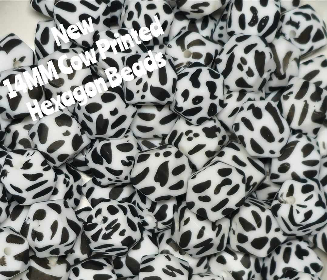 1 Count DIY Beads 14MM Printed Hexagon Cow Theme
